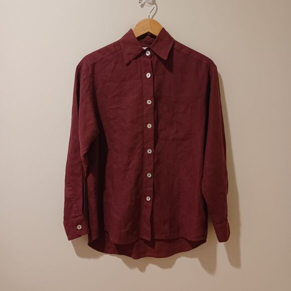 Bryn Walker Linen Shirt Oversized Lagenlook Button Front Top Burgundy Red Size S - Picture 1 of 8